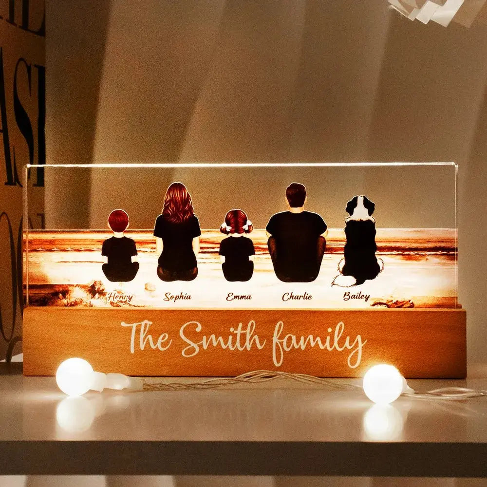 Personalized LED Light Plaque with Family Back View Beach Sunset Scene, Custom Home Accent, Unique Gift for Parents & Kids
