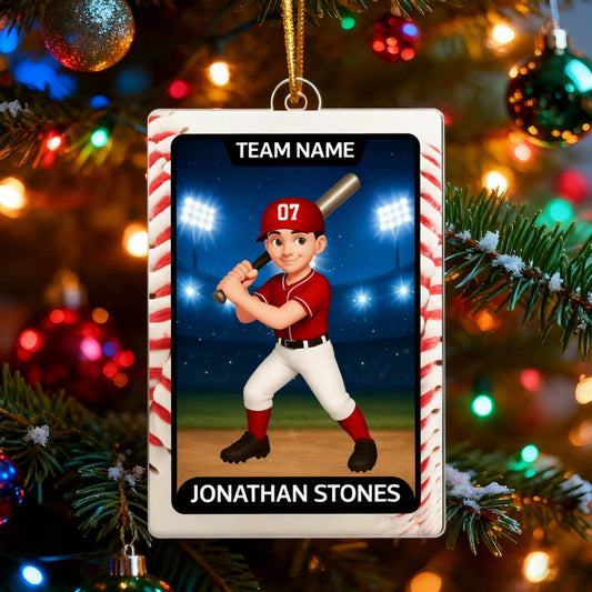 Baseball Card Acrylic Ornament, Cute Batting Pose, unique Christmas gift for Son, Daughter, Grandson or Granddaughter