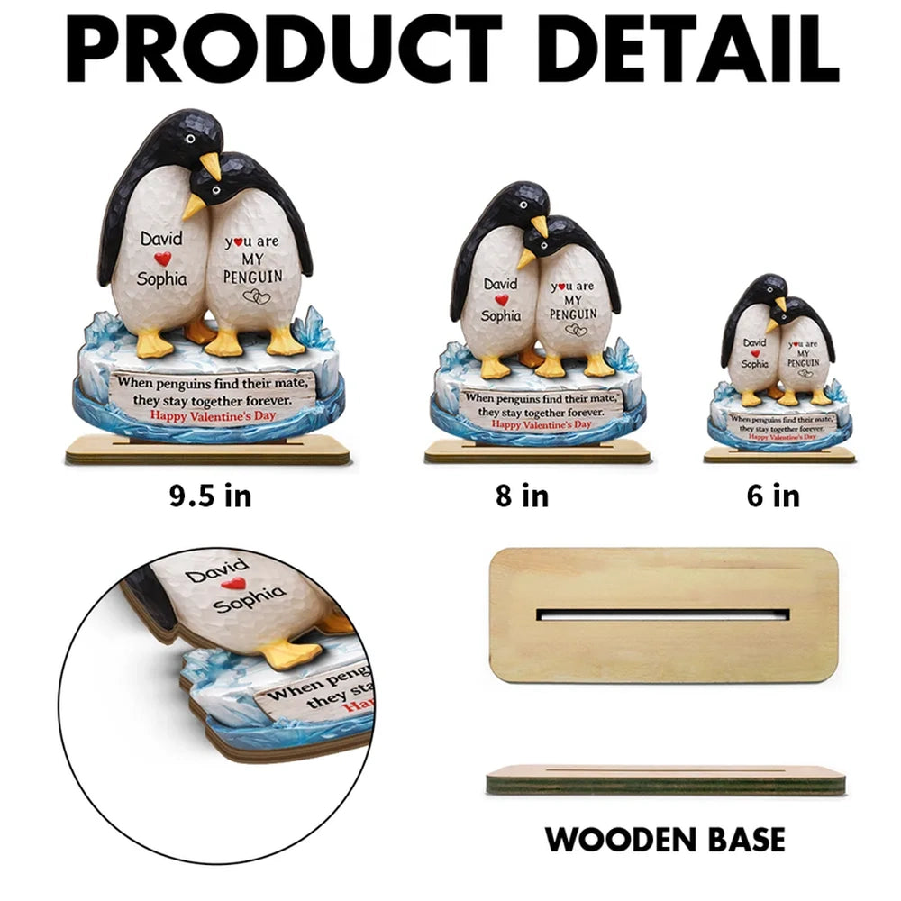 Personalized 2-Layer Wooden Plaque Penguin Couple Hugging for Valentine's Day, a Unique Romantic Gift for Him or Her