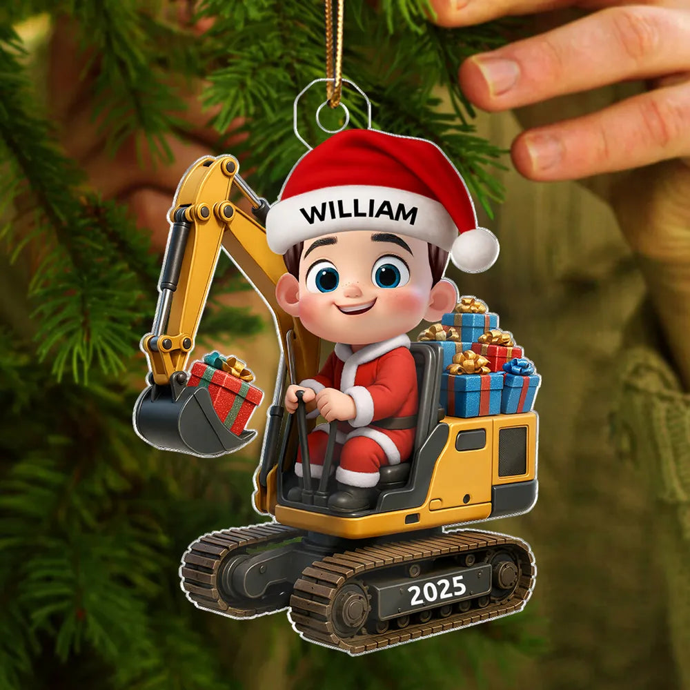 Christmas Acrylic Ornament with Cute Excavator and Santa Kid – Festive Decoration & Perfect Gift for Children