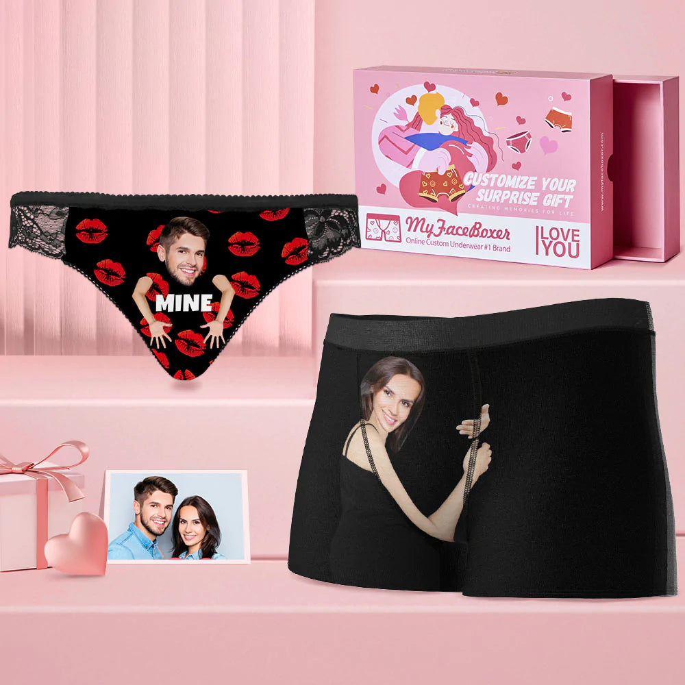 Custom Face Matching set women panties + men's boxer briefs For Couples - Personalized Couple Underwear