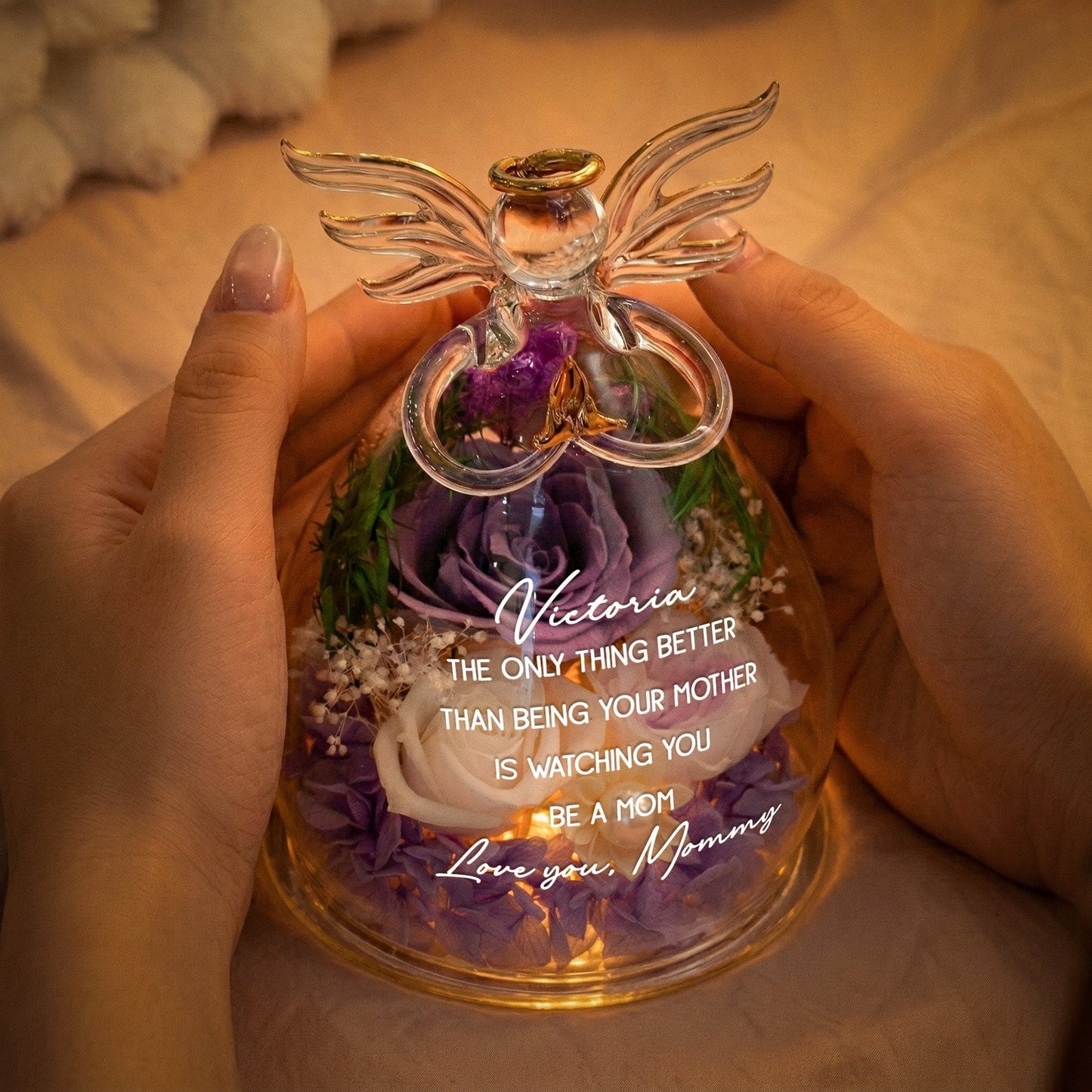 LED Floral Angel Figurine Personalized for a Daughter, Heartwarming Mom Pride Gift, Soft Light Home Accent She'll Treasure