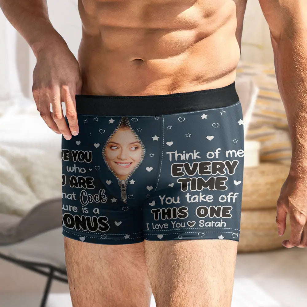 "Think of Me Every Time You Take Off These – Romantic and Funny Personalized Boxer Briefs for Him"
