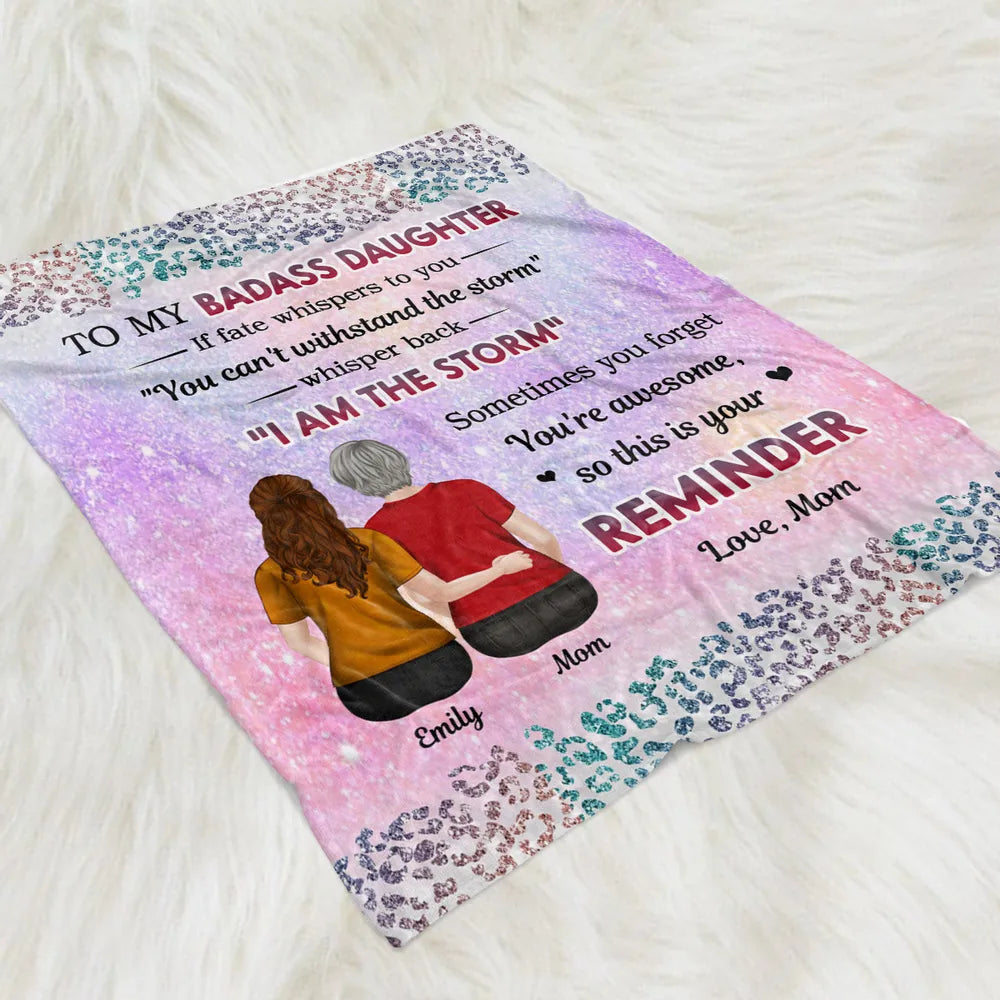 Custom Blanket Mom And Daughter Sitting Together Back View, 'I Am The Storm' Quote, Cozy Throw Gift For Daughter