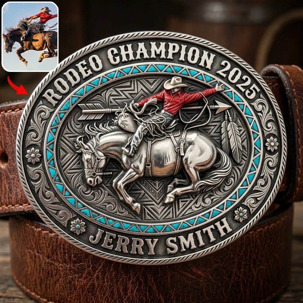 Custom From Any Photo, Rodeo Gift, Bull Riding - Personalized Western Outfit Leather Belt With Shaped Buckle