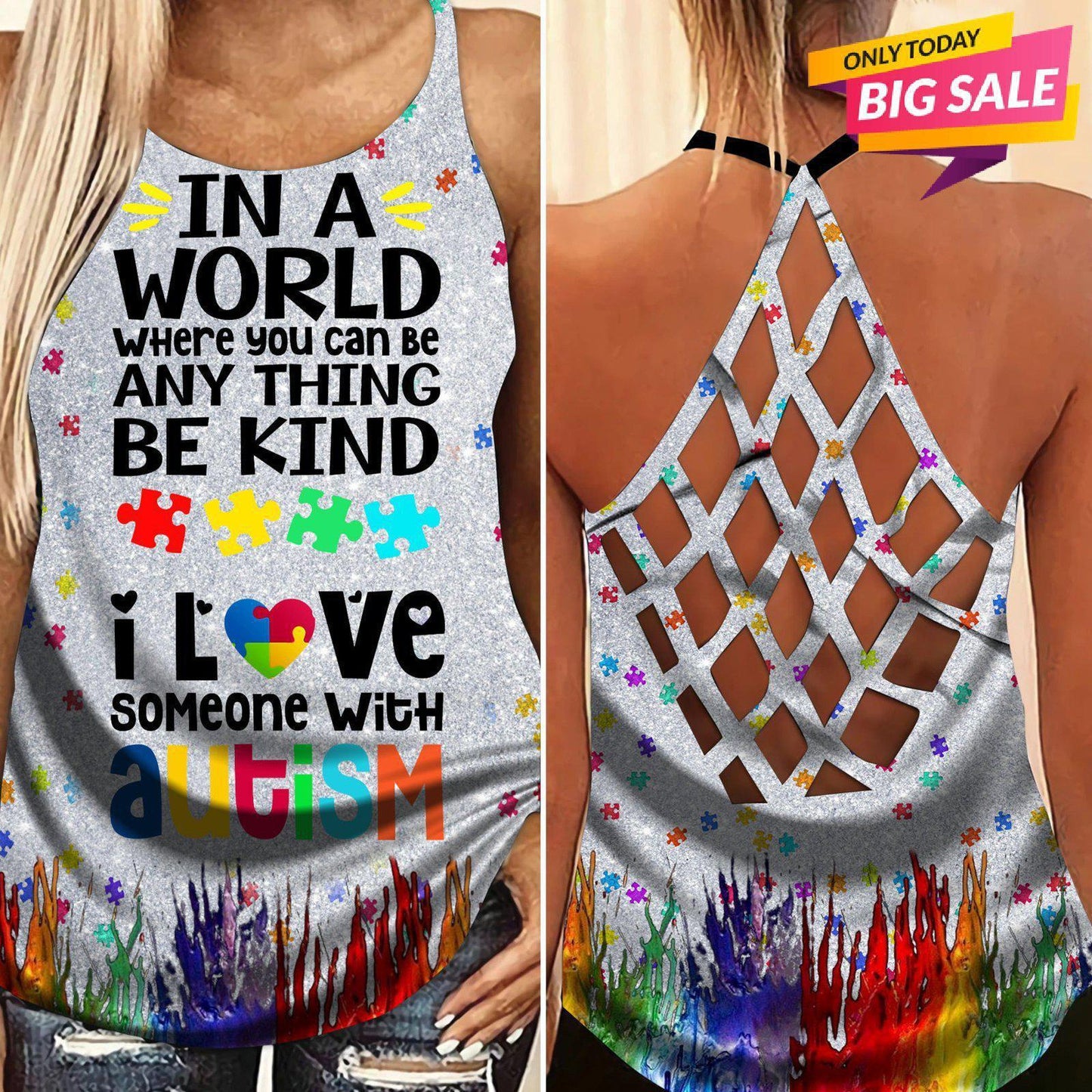 Autism Love - Autism Awareness Cross Tank Top 0921