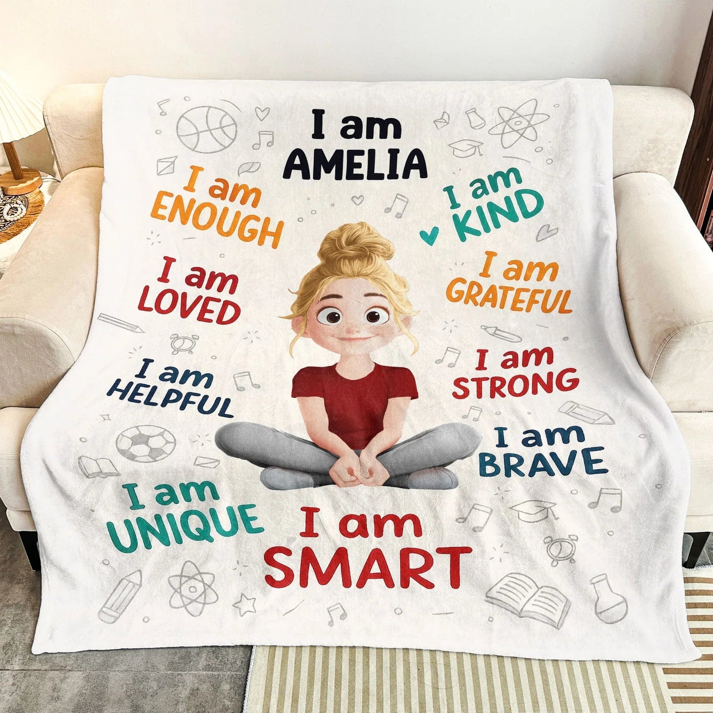 Personalized Fleece Blanket for Kids with I Am Affirmations, Cute Cartoon Girl, Confidence Boost, Unique Creative Gift for Daughters