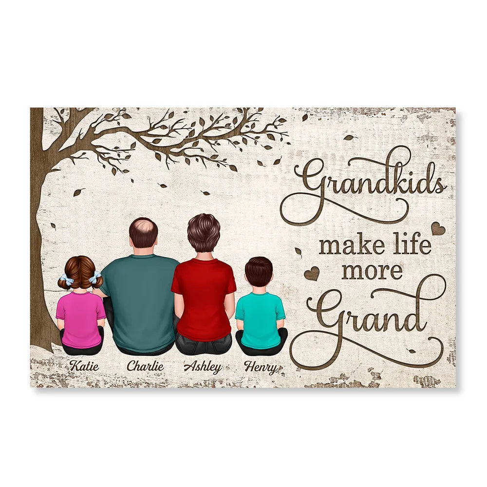 Personalized Grandkids Make Life More Grand Poster, Back View Family Under Tree, Unique Gift for Grandma & Grandpa