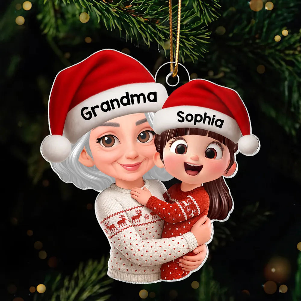 Christmas Acrylic Ornament - Grandma Hugging Grandkid in Santa Hats, Cute Cartoon Tree Decor, a Unique Gift for Family