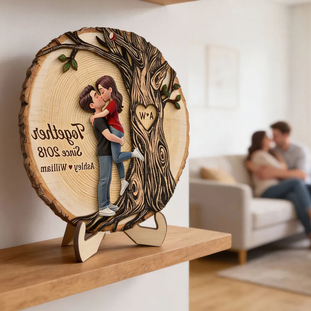 Personalized 2-Layer Wooden Plaque, Kissing Couple by Tree of Love for Anniversary Decor, A Unique Romantic Gift