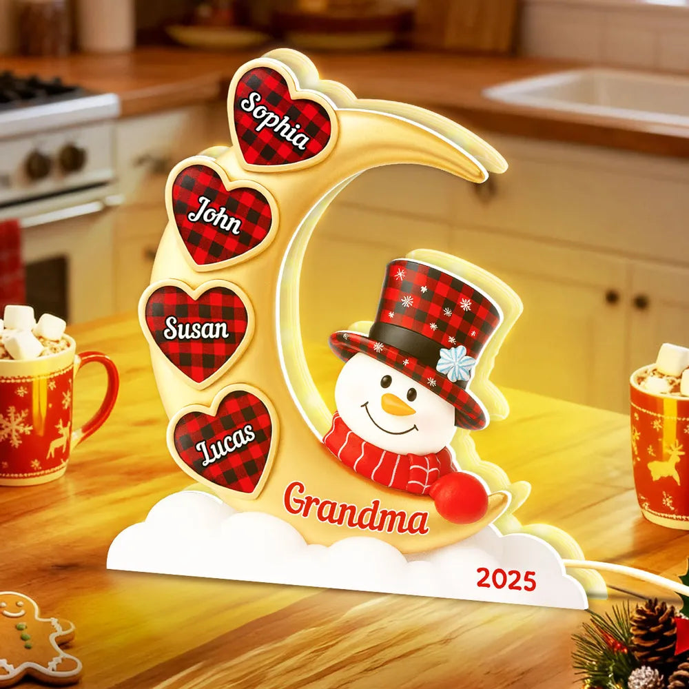 Snowman Moon Acrylic Light Box, Custom for Grandma, Cozy Christmas Decor with Soft Warm Glow, Unique Keepsake Gift