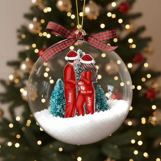 Acrylic Snow Globe Ornament Featuring Couple Expecting Baby, Christmas Tree Decor and Perfect Gift for New Parents
