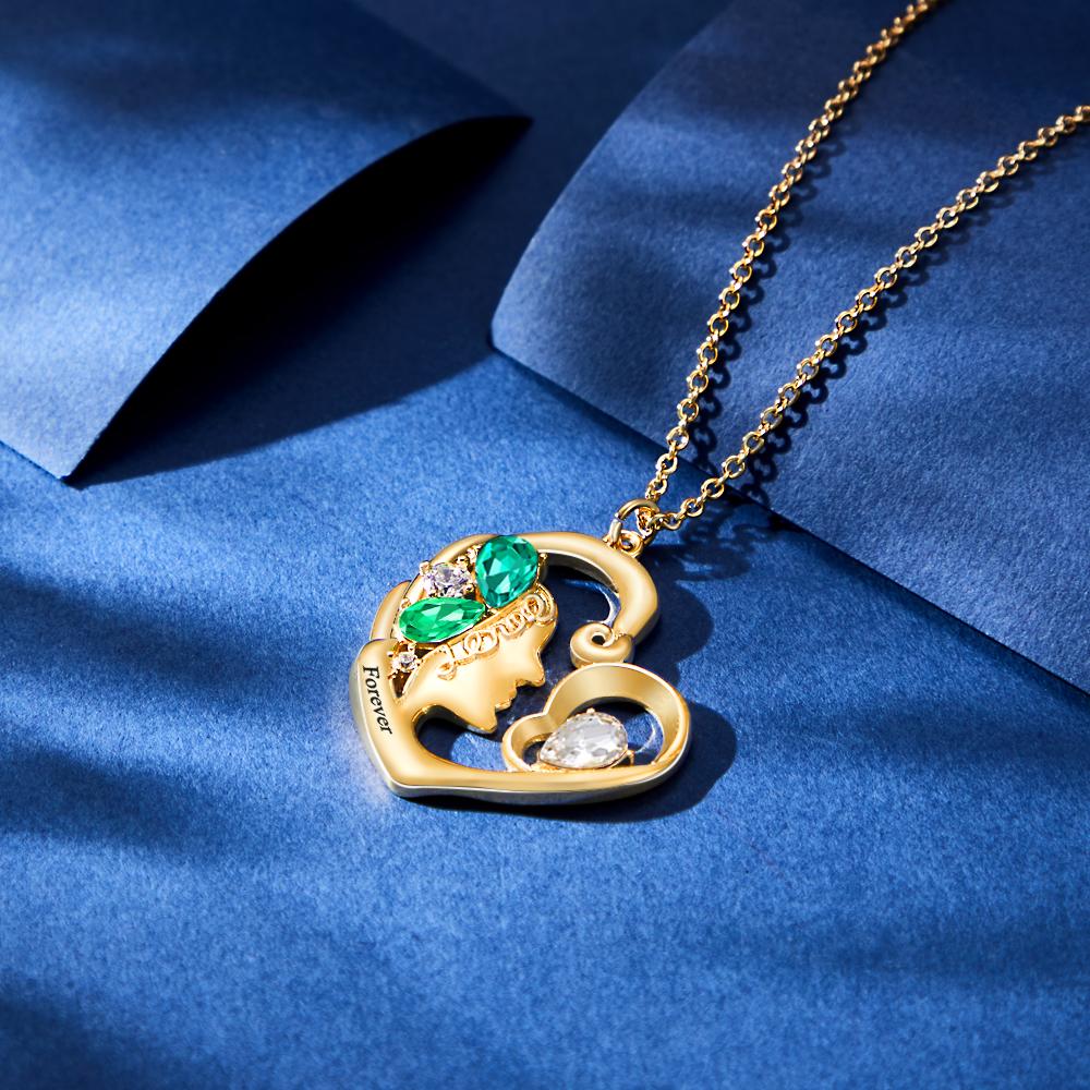 Birthstone Engraved Heart Charm - Personalized Mother Birthstone Women Necklace