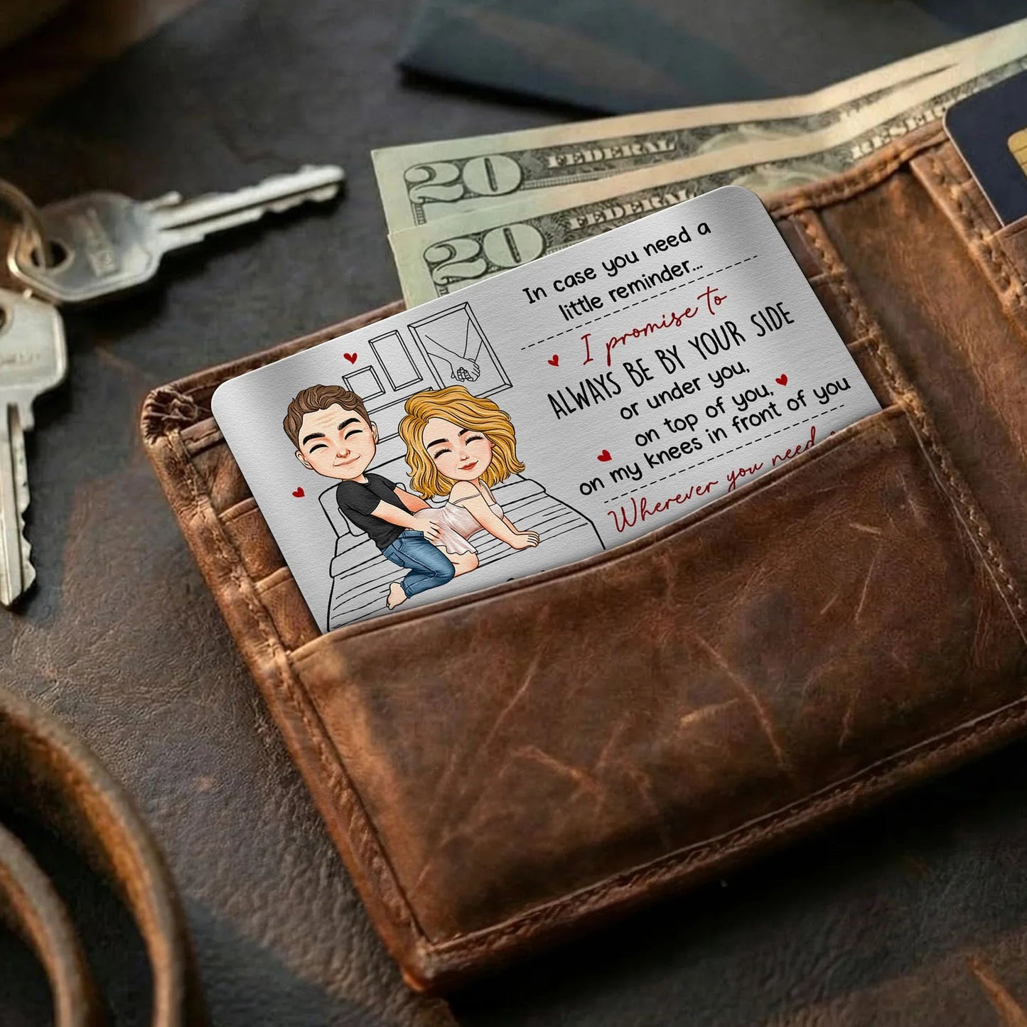 Personalized Metal Wallet Card with Funny Love Promise, Cute Couple Illustration, Unique Gift for Husband or Boyfriend