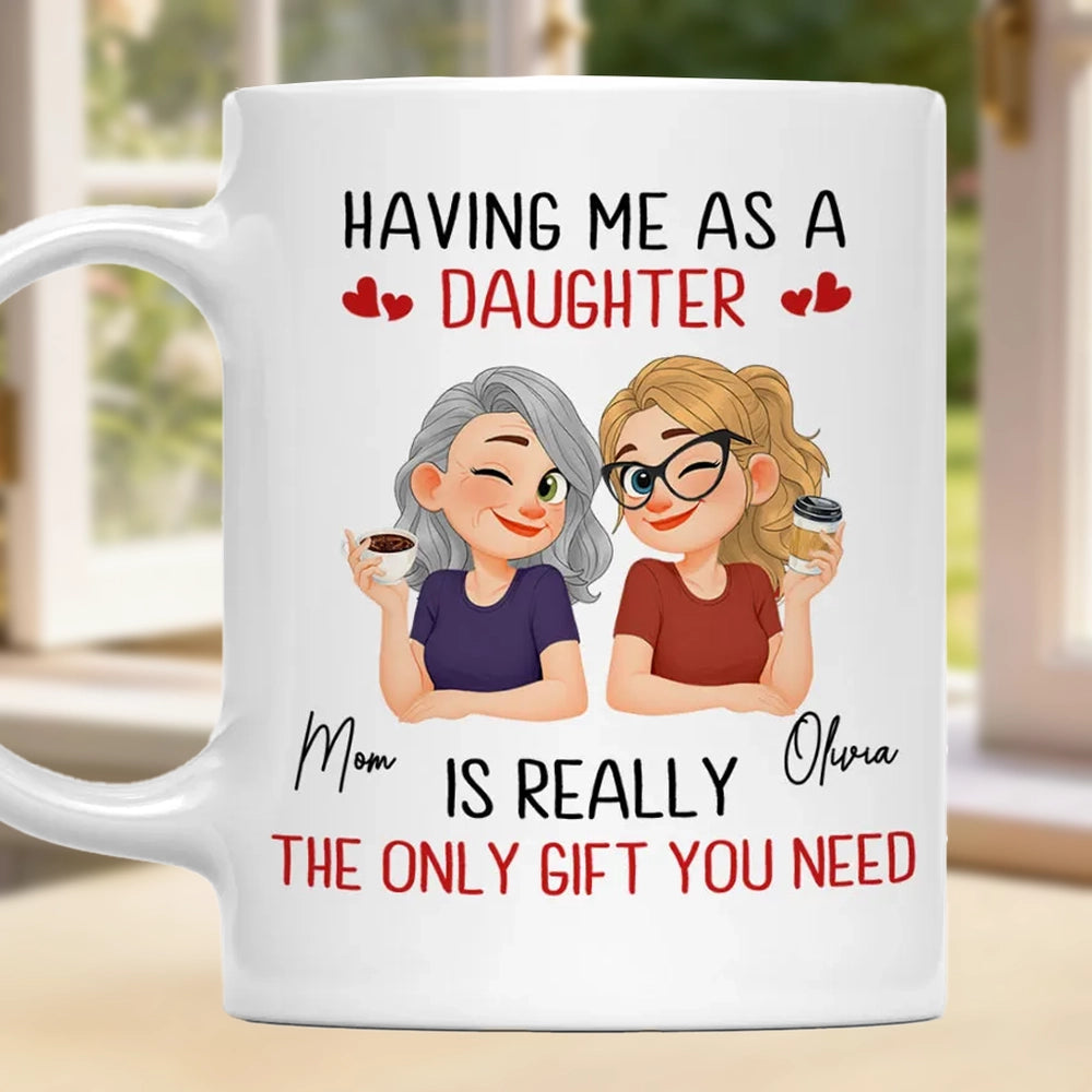 Personalized Mother Daughter Coffee Ceramic Mug, Cute Winking Cartoon Design, Unique Gift For Mom From Daughter
