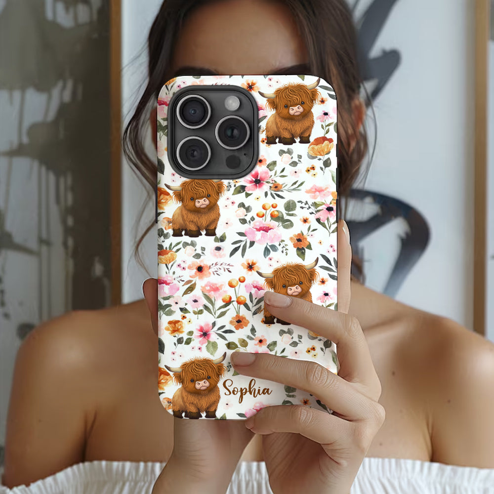 Floral Highland Cow - Personalized Highland Cow Full Print Phone Case