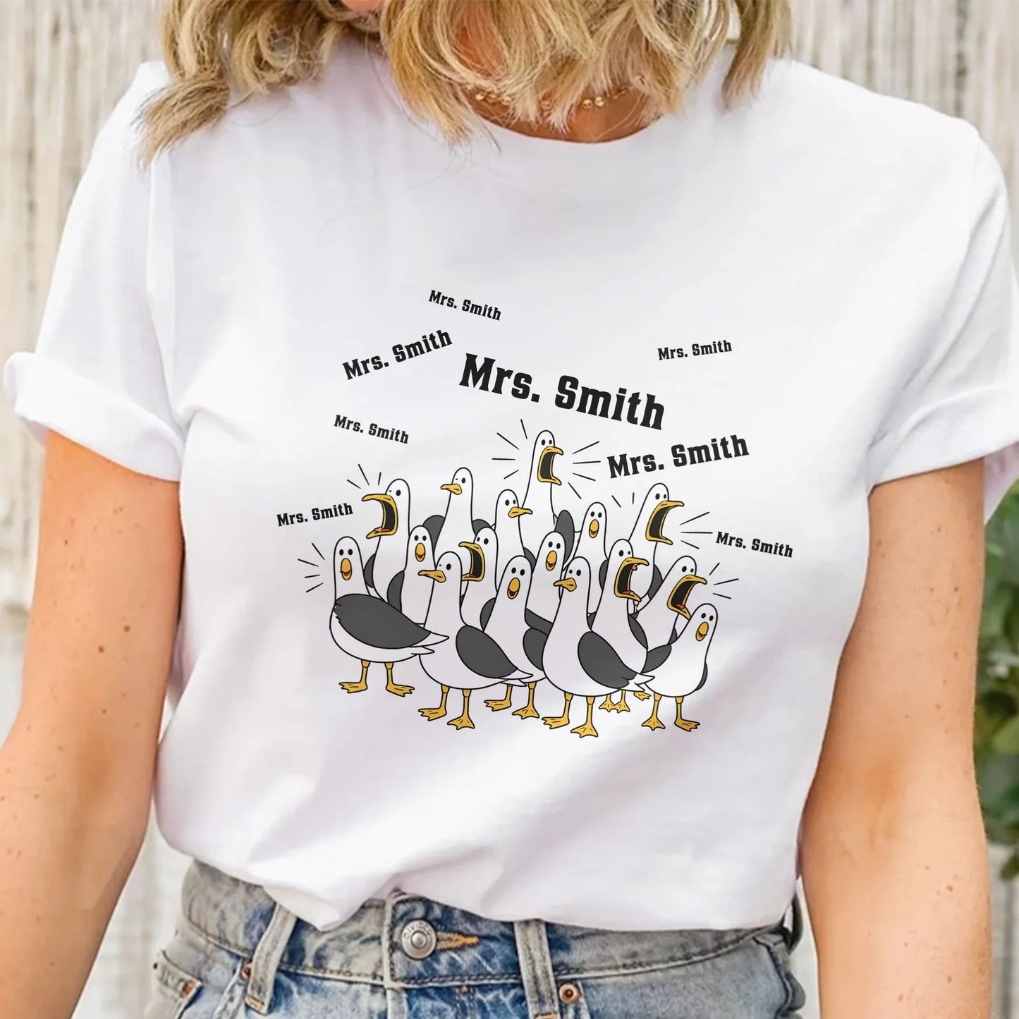 Personalized Funny Seagulls Classic Tee with Custom Teacher Name, Cute Cartoon Gift for Teachers