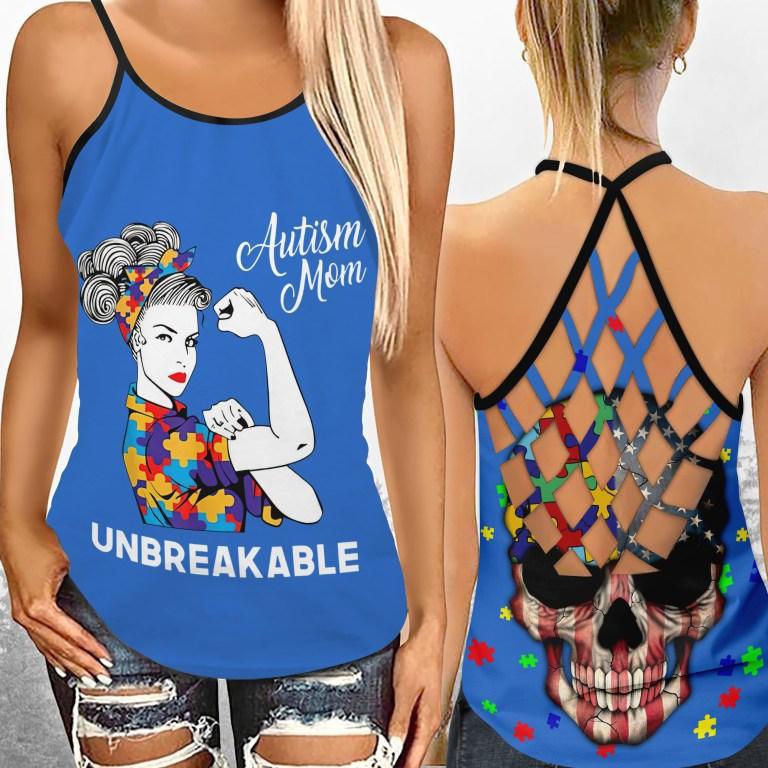 Autism Mom Unbreakable World - Autism Awareness Cross Tank Top 0921