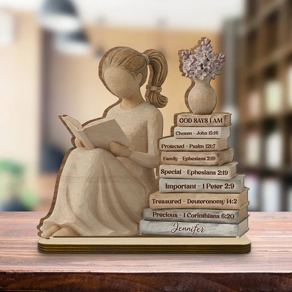 Personalized 2-Layer Wooden Plaque God Says I Am Book Stack Design for Nursery or Living Room, Unique Faith Gift for Her