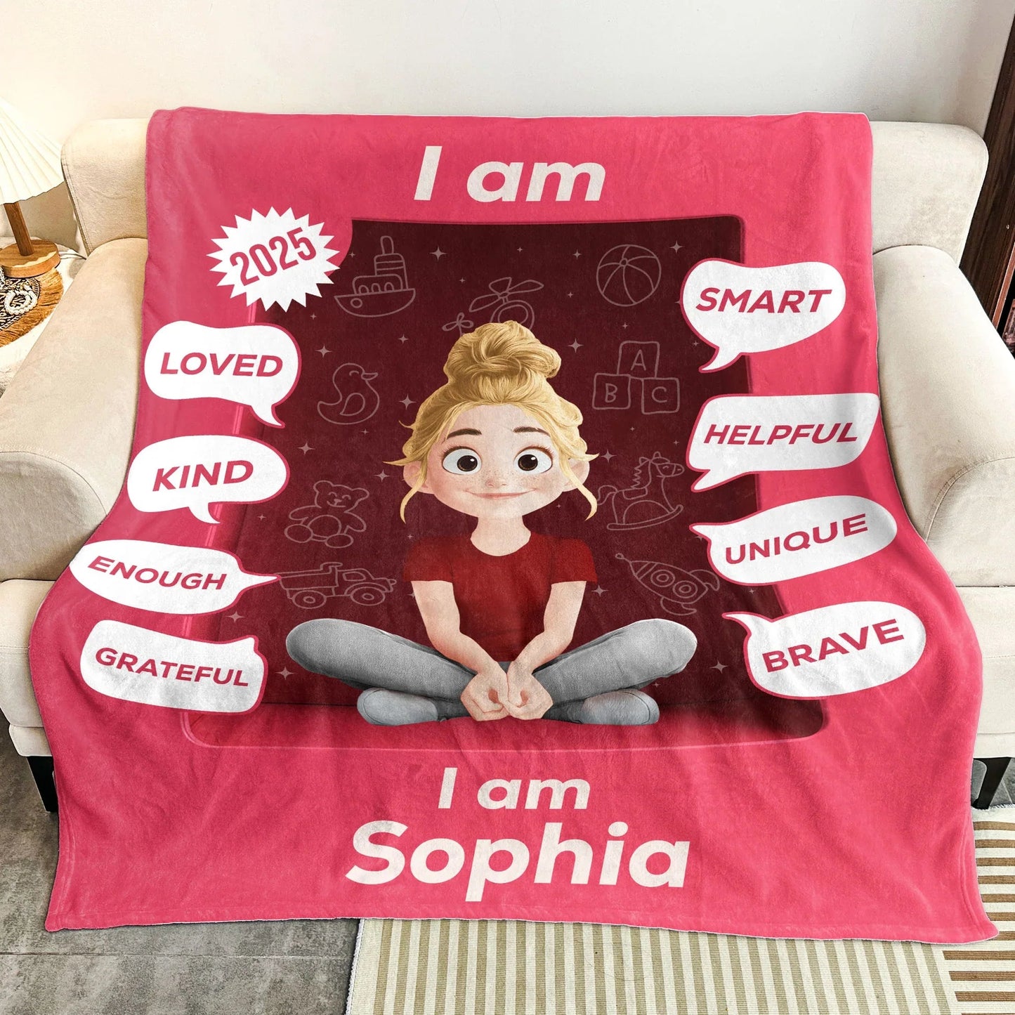 Personalized Kid Affirmation Blanket with Cute Cartoon Girl – I Am Loved, Kind, Brave – Uplifting Unique Gift for Daughters & Little Girls