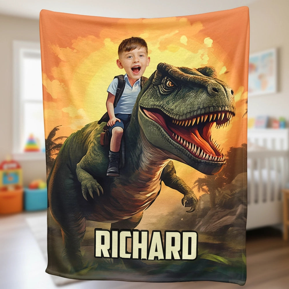 Fleece Blanket with Kid Riding a T-Rex, Customizable Dino Adventure Throw, sunset jungle, unique gift for kids