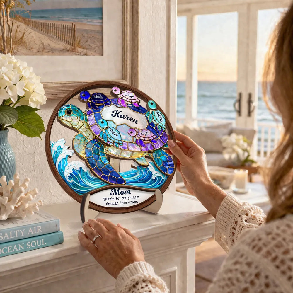 2-Layer Wooden Plaque with Stained-Glass Style Sea Turtle and Heartfelt Message - Personalized Gift for Mom