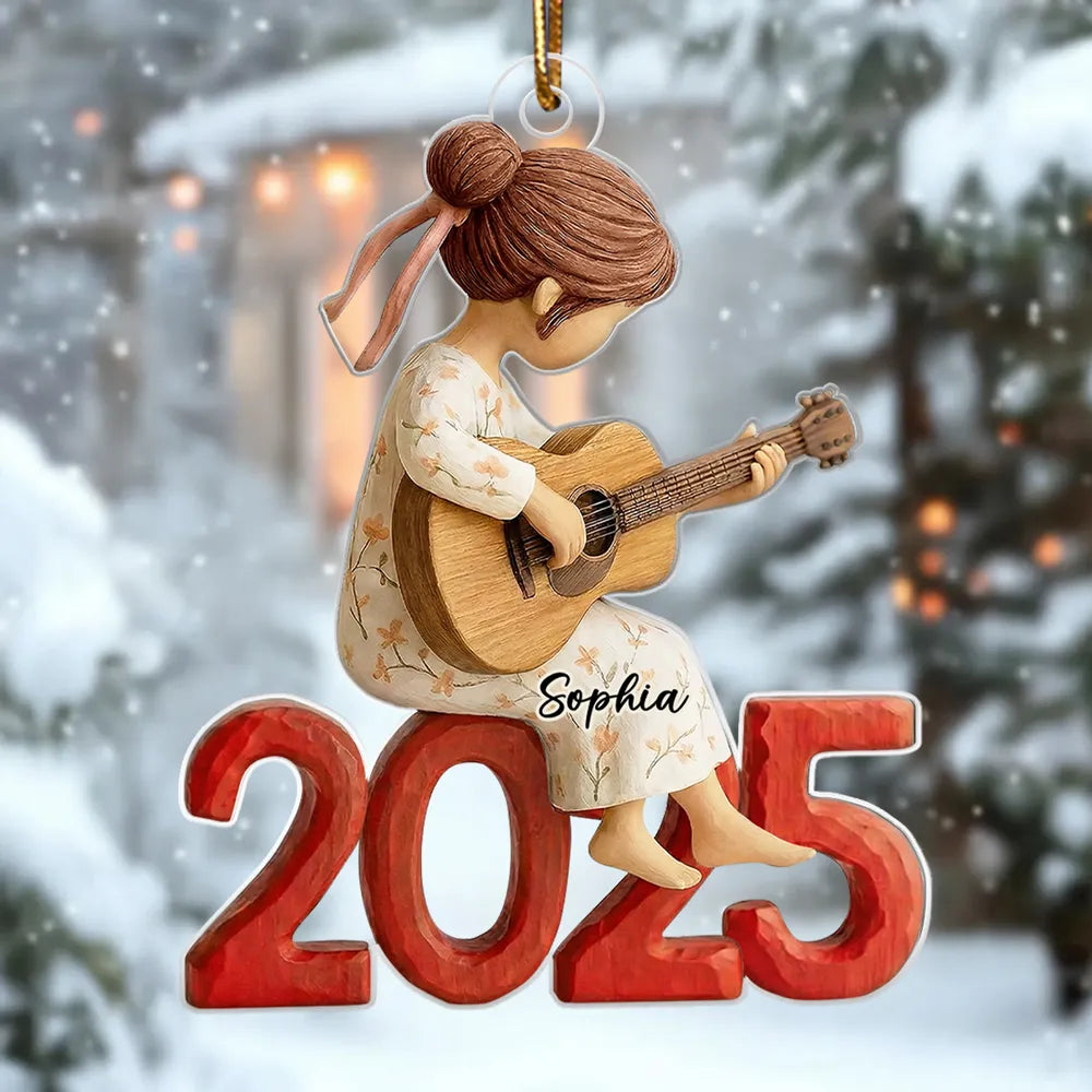 Personalized Acrylic Ornament Girl Playing Guitar Holiday Decor, Cute Keepsake Gift For Music Lover