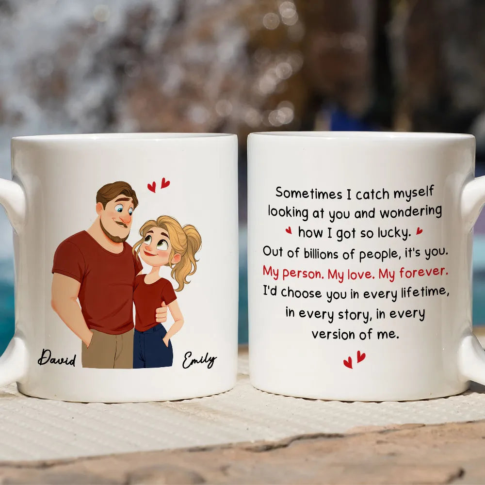 Personalized Couple Quote Ceramic Mug, Hugging Illustration for Morning Coffee, Unique Romantic Gift for Him or Her