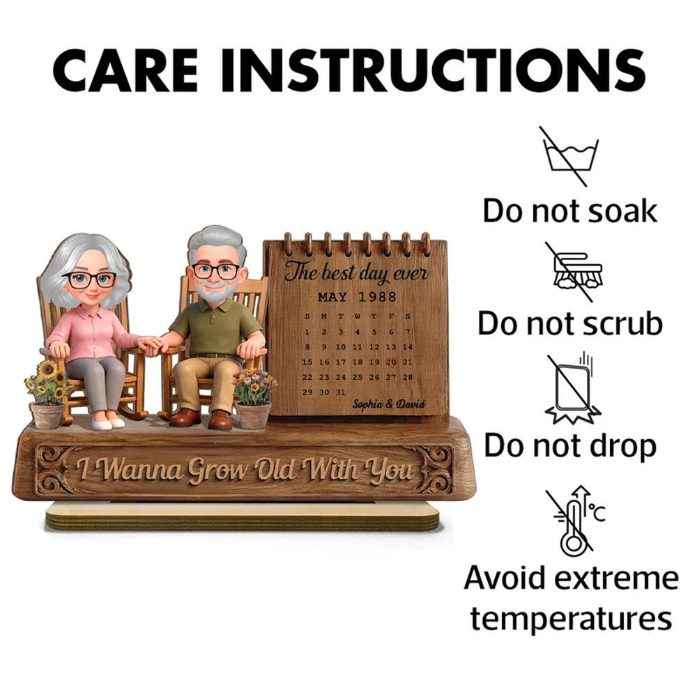 Personalized 2-Layer Wooden Plaque with Elderly Couple in Rocking Chairs and Calendar, Romantic Keepsake, Unique Gift for Wife or Husband