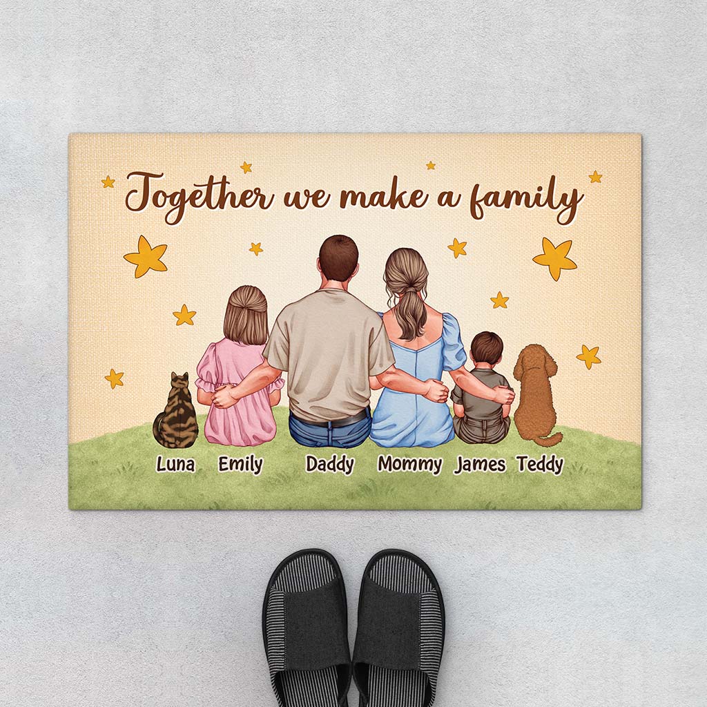 Heartwarming Family Standard Doormat, Personalized Custom Home Entryway Decor with Mom Dad Kids Cat Dog, Unique Housewarming Gift