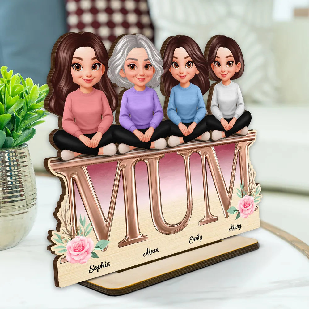 Personalized 2-Layer Wooden Plaque with Mum Letter Design, Custom Family Cartoon Display, Unique Gift for Mom
