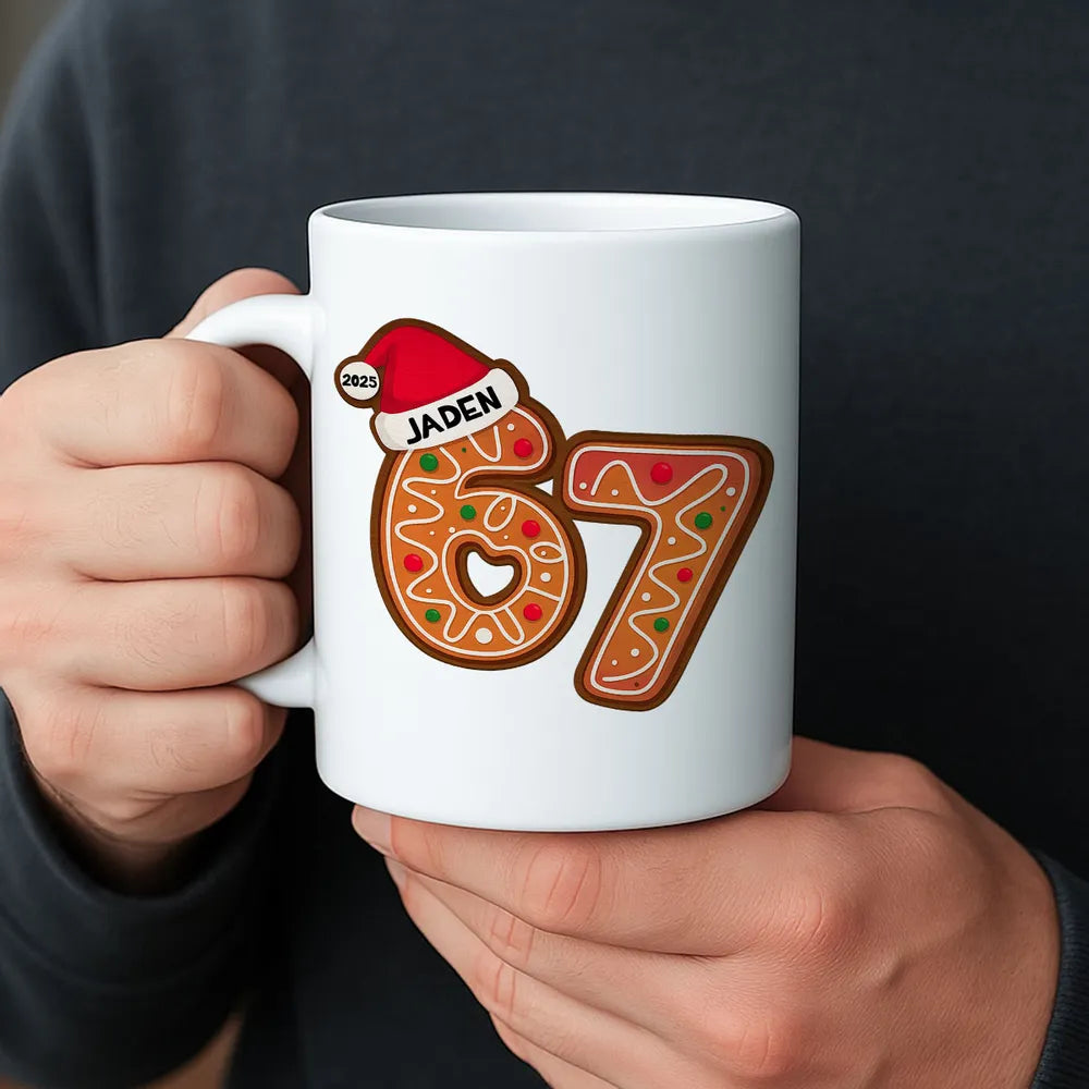Personalized “67” Christmas Mug with Cute Cookie Design, Custom Name Holiday Gift for Kids, Teens & Grandkids