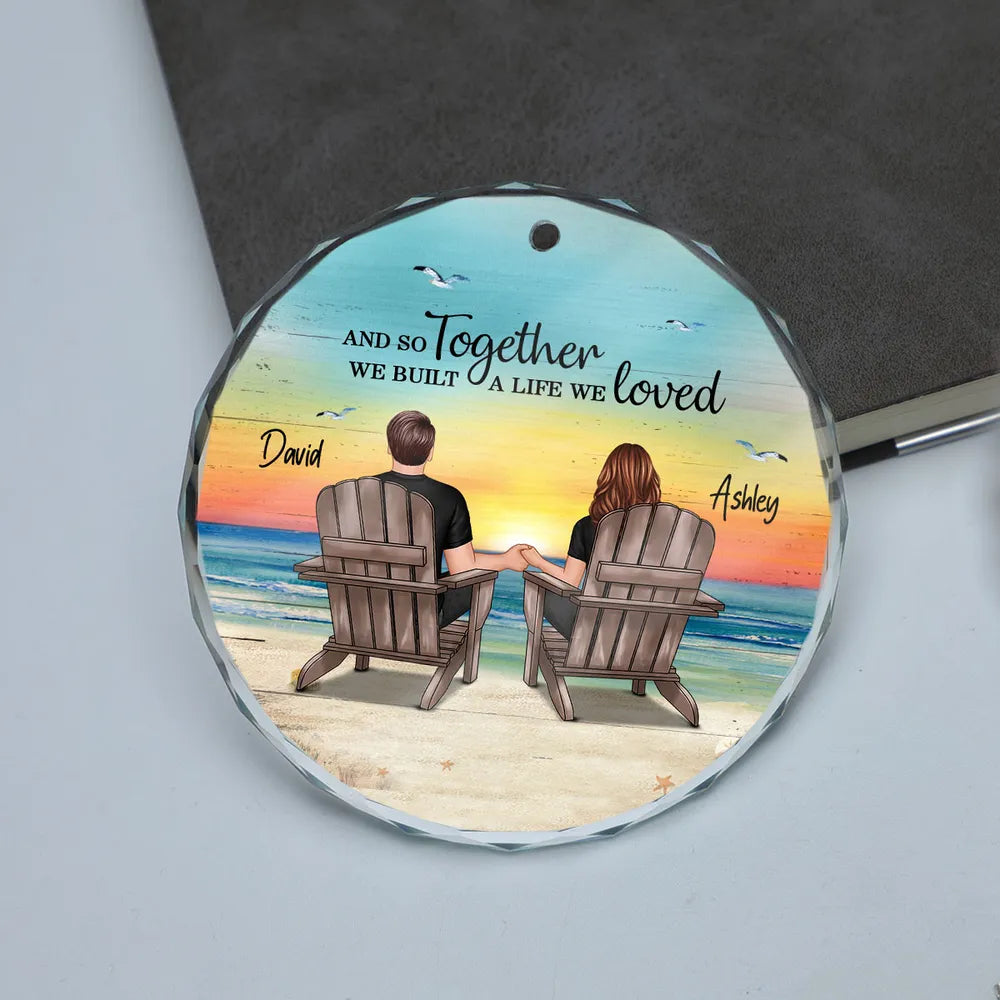 Crystal Ornament Personalized for Couples, Sitting Together at a Sunset Beach Scene, Romantic Keepsake Gift for Her