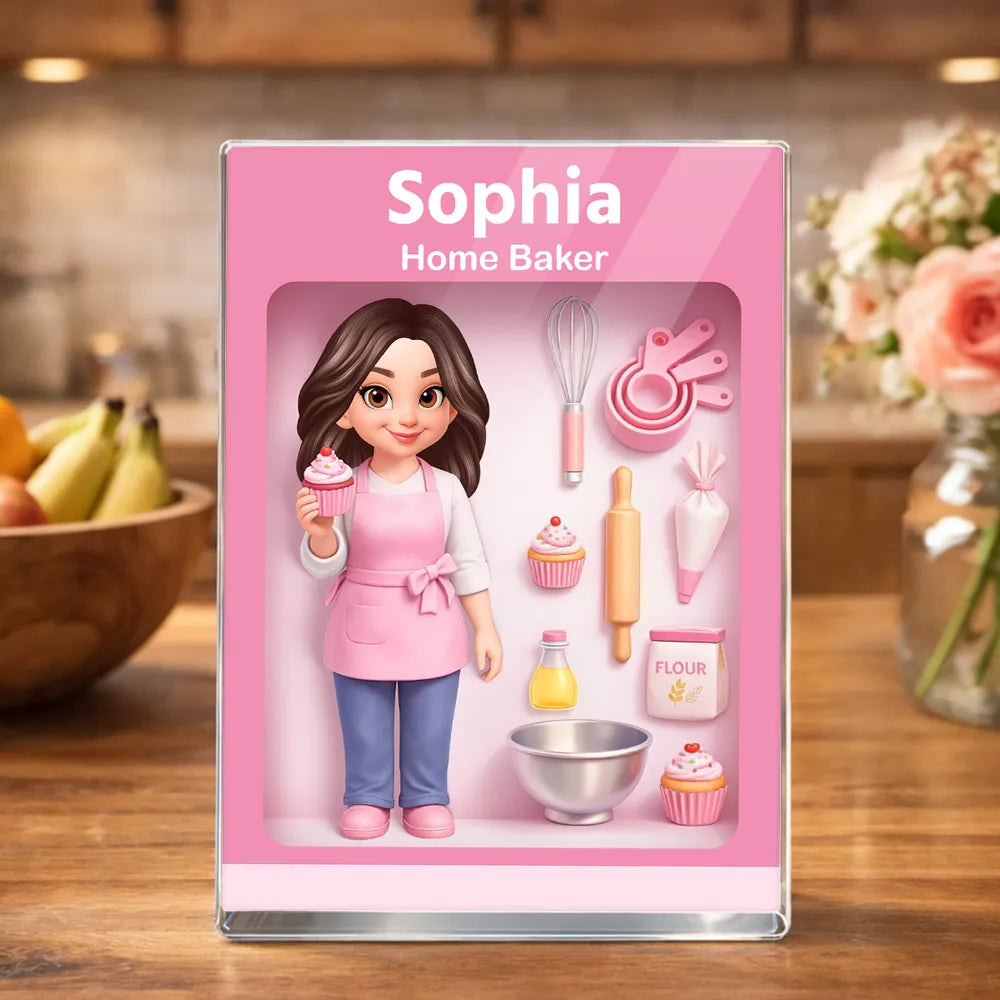 Personalized Home Baker Rectangle Acrylic Block Plaque for Kitchen Desk Decor, Sweet Pink Baking Scene, Unique Gift for Bakers