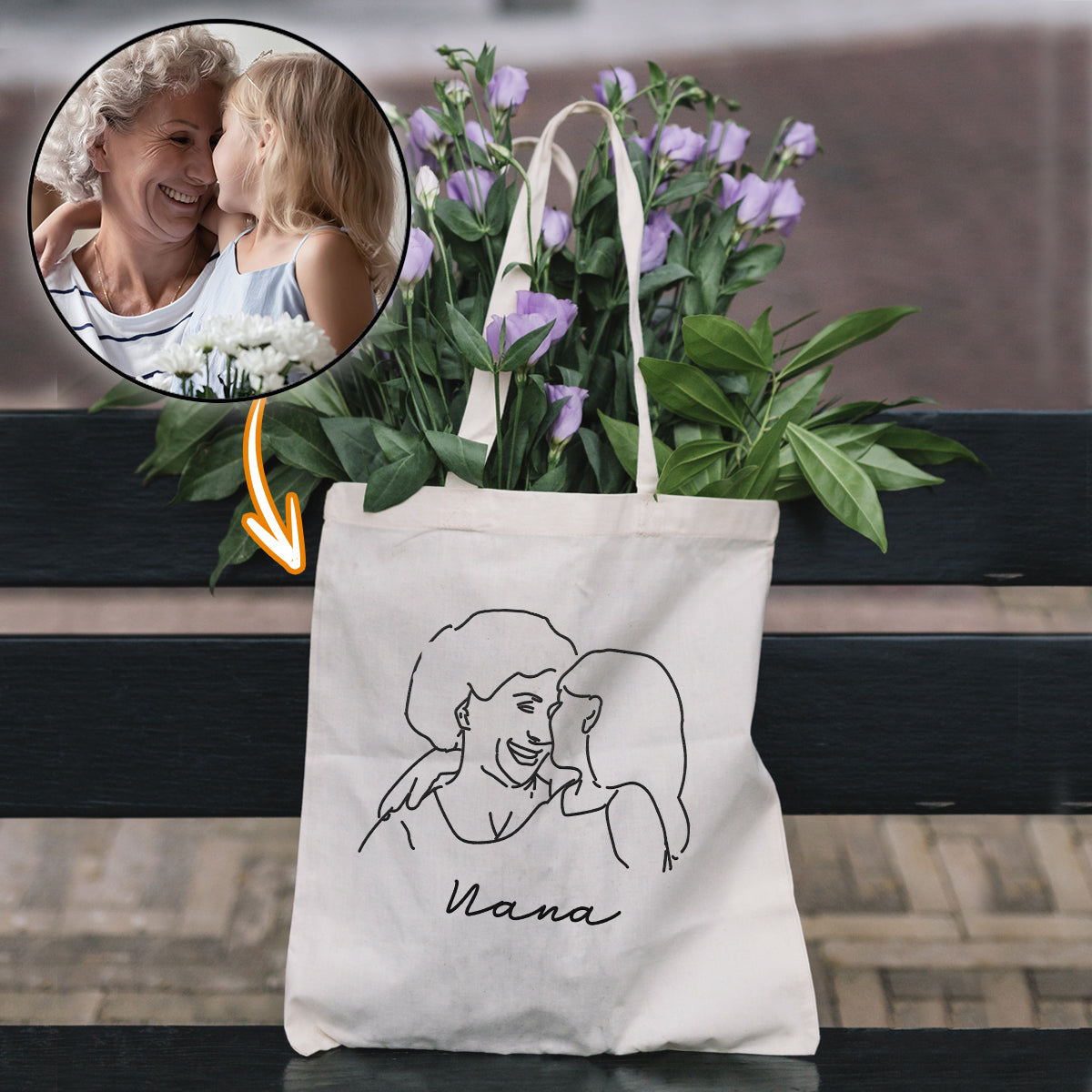 Custom Photo Line Art - Personalized Grandma Embroidered Tote Bag