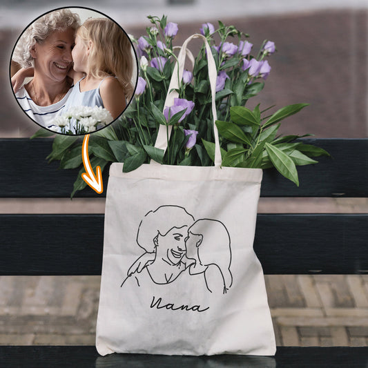 Custom Photo Line Art - Personalized Grandma Embroidered Tote Bag