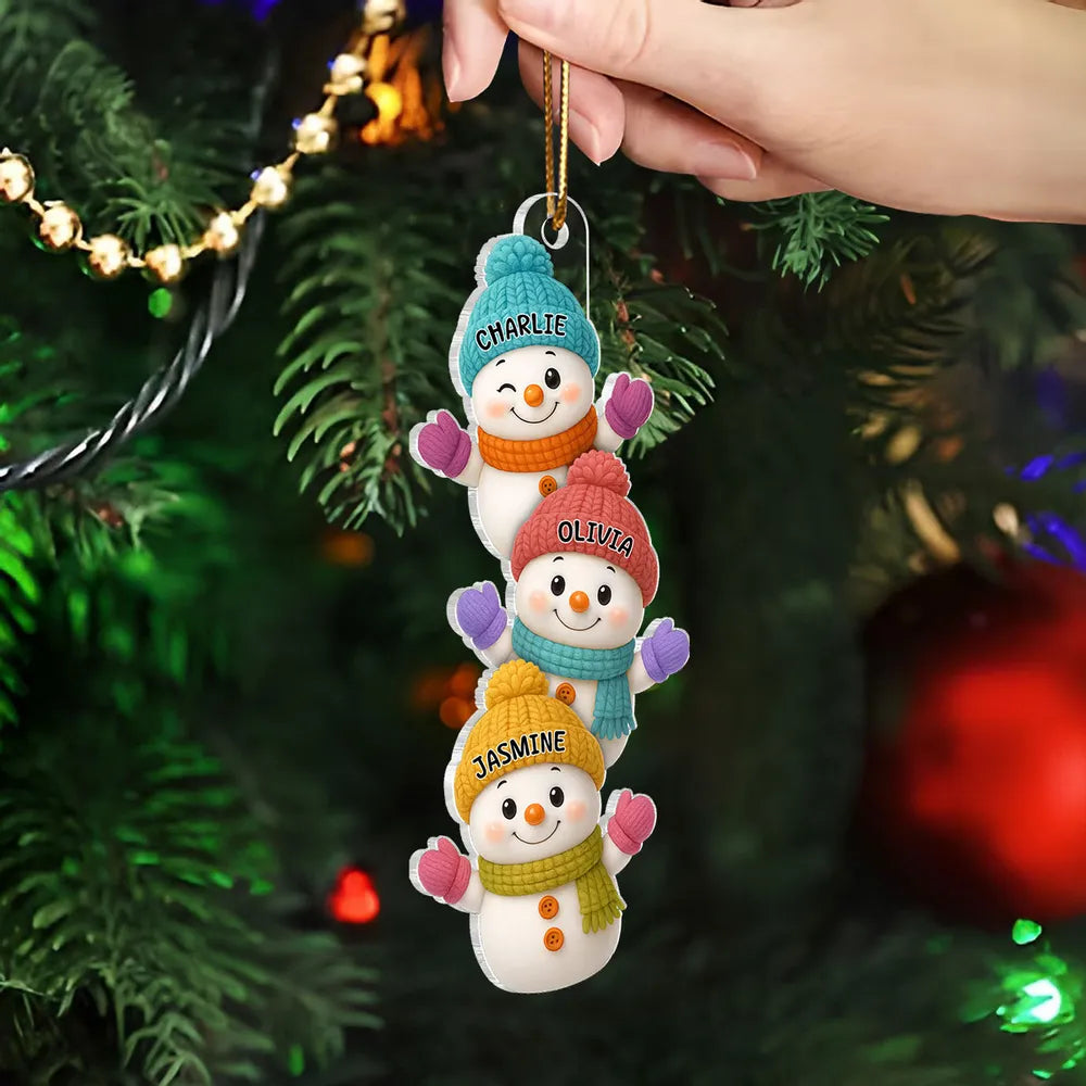 Personalized Acrylic Ornament with Stacked Snowmen Characters, Cute Family Christmas Decor, Unique Holiday Tree Gift
