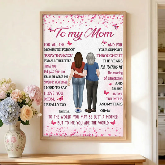 Personalized Mom Quote Poster, Custom Mother Daughter Hugging Wall Art, Pink Butterflies, Unique Gift for Mom