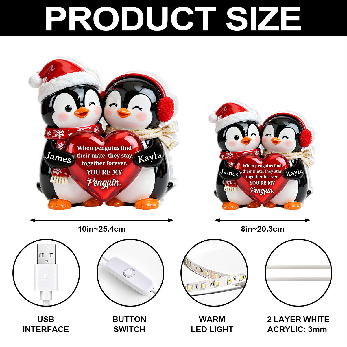 Personalized Acrylic Light Box with Cute Penguin Couple, Romantic Soft Glow Keepsake, Unique Gift for Your Partner