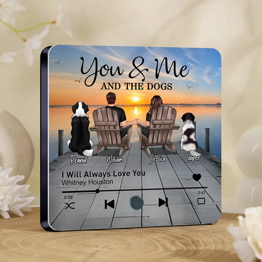 Couple You Me And The Dogs Cats Sitting On Lake Dock Personalized Music Fridge Magnet, Gift For Couple, Dog Lovers, Cat Lovers, Pet Lovers