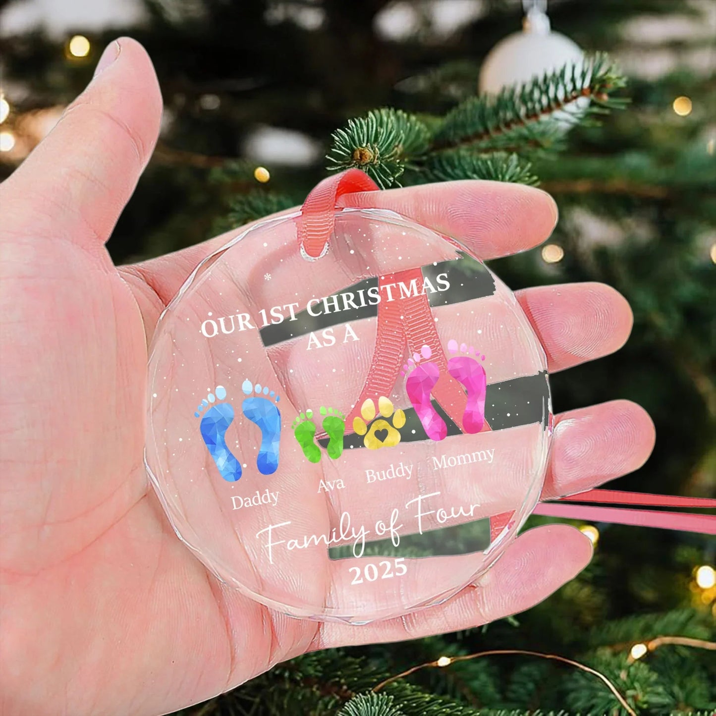 Crystal Ornament with Family Footprints & Paw Print Design, Warm Holiday Keepsake, Perfect Gift for Loved Ones