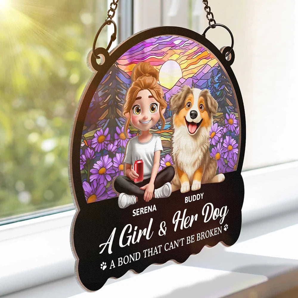 Personalized Wood and Acrylic Layered Ornament – ‘A Girl & Her Dogs’ Design, Vibrant Rainbow and Floral Background, Perfect Gift for Dog Lovers