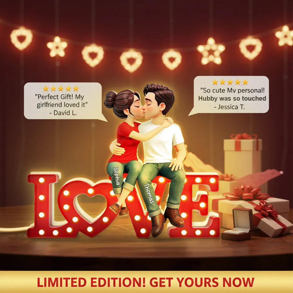 Personalized Acrylic Light Box with Kissing Couple on LOVE Sign, Warm Glow Bedroom Decor, Unique Gift for Him or Her