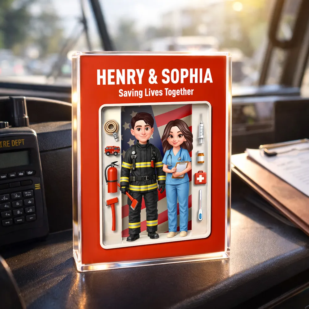 Personalized Rectangle Acrylic Block Plaque for a Firefighter & Nurse Couple - Unique Desk Decor Gift