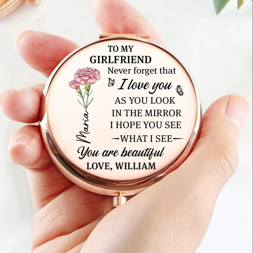 Metal Compact Mirror with Sweet Mirror Message for Wife, Personalized Touch, Purple Floral Design, Thoughtful Gift for Her