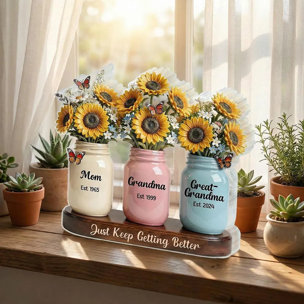 Personalized Rectangle Acrylic Block Plaque Sunflower Mason Jars Desk Decor - Unique Gift for Mom Grandma Great-Grandma