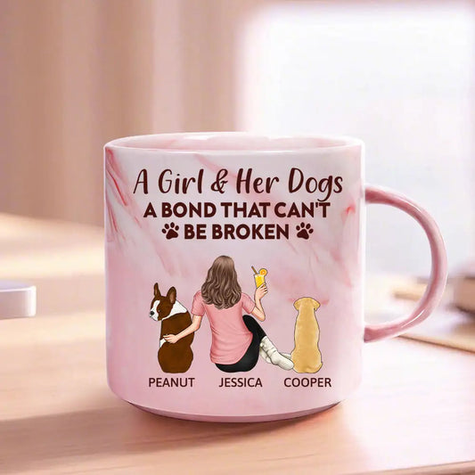 Personalized Marble Cup, Girl Sitting with Dog & Wine, Unbreakable Bond Quote – Pet Mom Gift