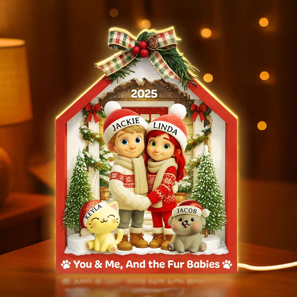 Acrylic Light Box with Couple & Pets Scene | Cozy Winter Holiday Decor, Perfect Gift for Lovers or Families