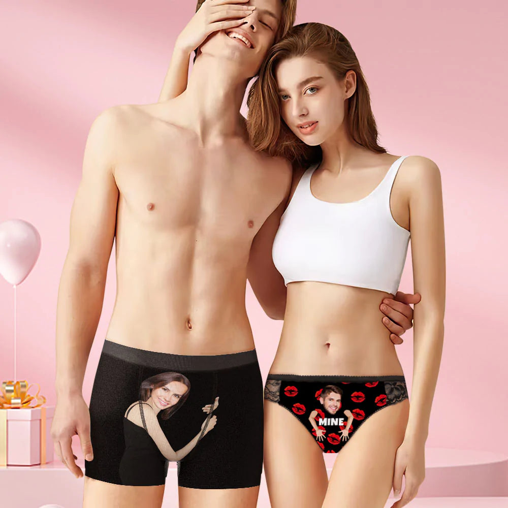 Custom Face Matching set women panties + men's boxer briefs For Couples - Personalized Couple Underwear