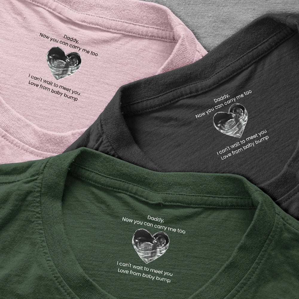 Personalized Hidden Message Neck Tag Classic Tee, Daddy I Can't Wait To Meet You, Heart Sonogram Gift for Dad